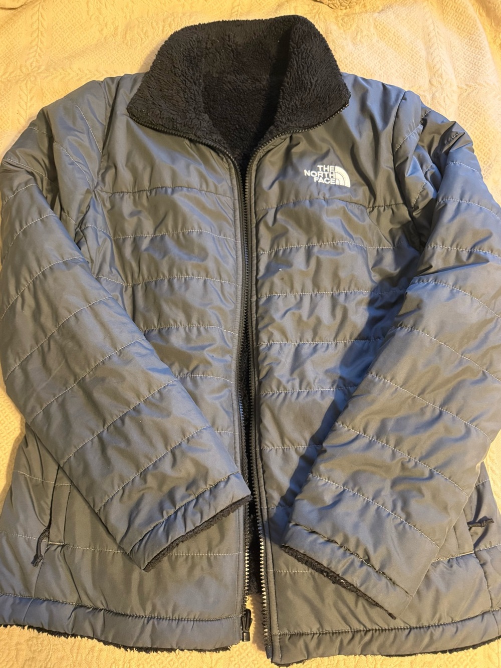 The North Face Gray Quilted Puffer Jacket with Black Sherpa Collar
